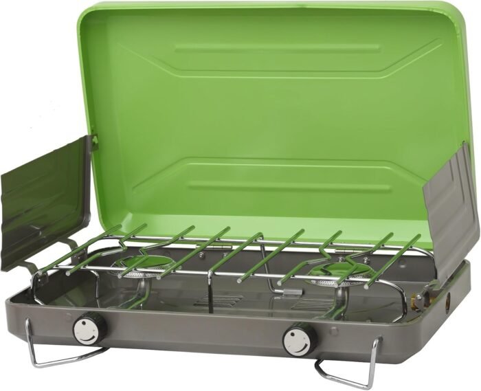 Flame King VT-101 2-Burner Portable Camping Stove Grill, Great for Outdoor Cooking, Backpacking, Compatible with 1LB Propane Gas Bottle