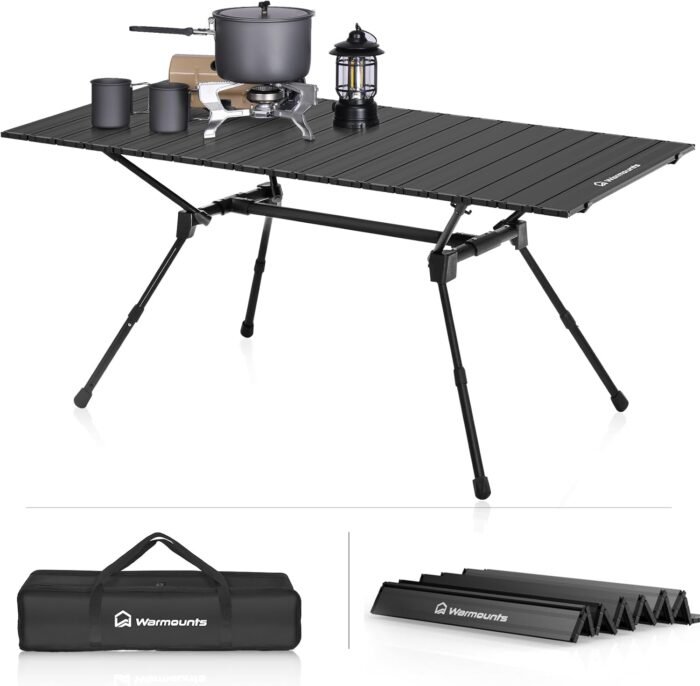 Folding Camping Table Adjustable Heights, 49″ Wide Tabletop Portable Camping Table, Aluminum Roll-up Camping Table w/Carrying Bag for Picnic, Grill, Fishing, Beach, Suitable for 4-6 People