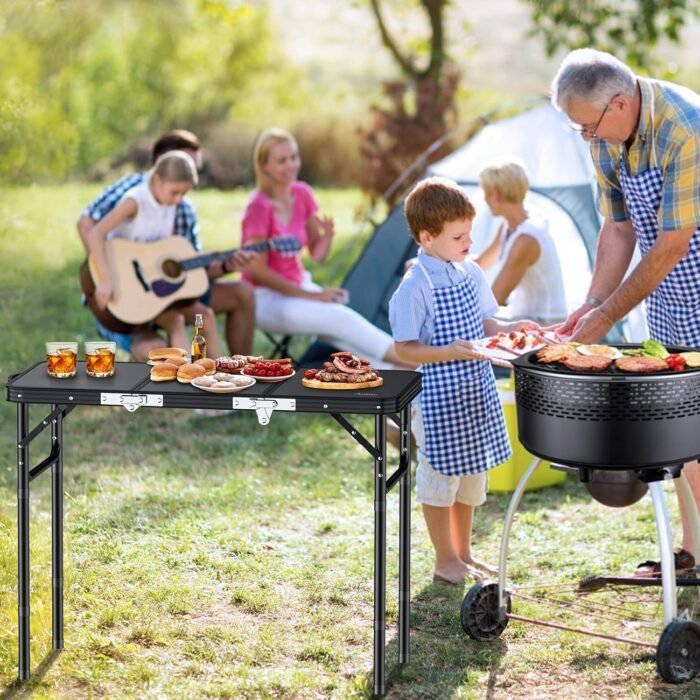 Folding Camping Table with Storage Net, 3ft Camping Table Aluminum Folding Table with 3 Adjustable Height Max 27.1 Inch Picnic Table Portable Table for Outdoor Backyard BBQ (Black) - Image 2