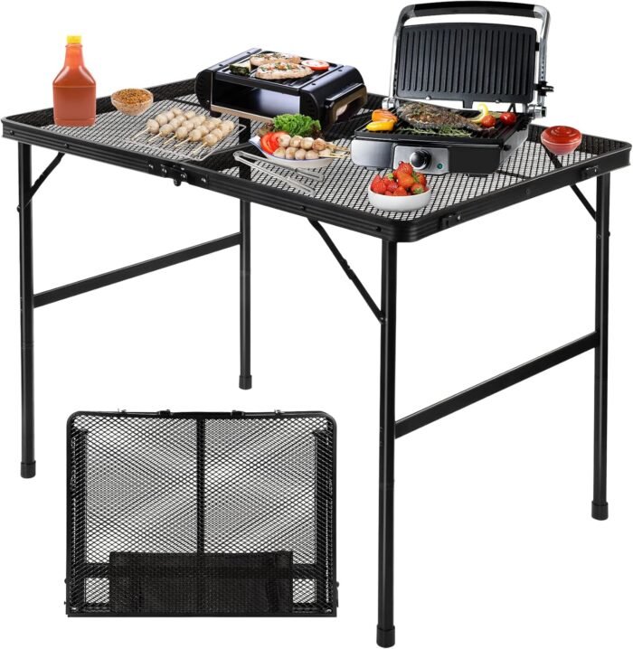 Folding Grill Table Camping Table with Mesh Desktop, Lightweight 3 FT Metal Table for Outside, Height Adjustable Portable Grill Table for Camping, Picnic, Beach and BBQ, RV