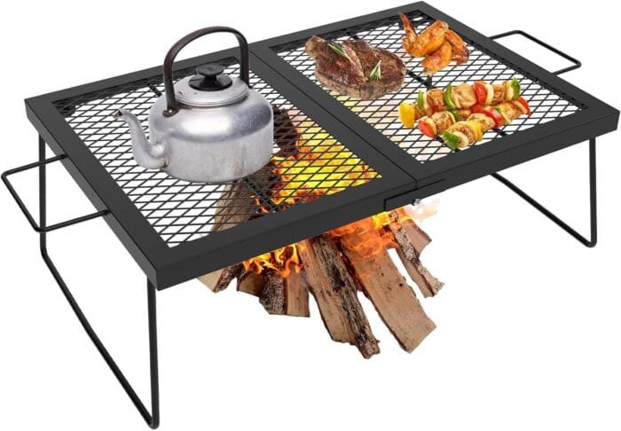 Folding campfire Grill Cooking Racks Campfire Grate Over Fire Pit, Fireplace Cooking Grate Fire grill Grate for Camping, Grill Grate Over the Fire Cooking Equipment Camping Accessories for Outside