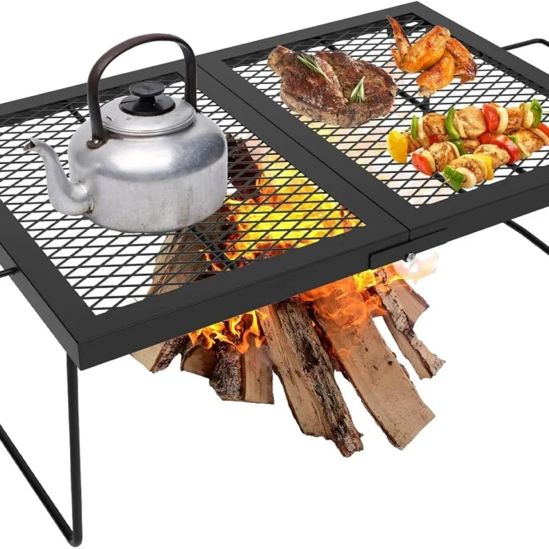 Folding campfire Grill Cooking Racks Campfire Grate Over Fire Pit, Fireplace Cooking Grate Fire grill Grate for Camping, Grill Grate Over the Fire Cooking Equipment Camping Accessories for Outside