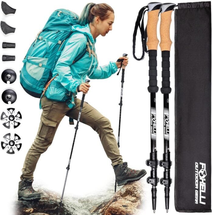 Foxelli Carbon Fiber Trekking Poles – Lightweight Collapsible & Shock-Absorbent Hiking Poles w/Cork Grips, Lever Locks & All Terrain Accessories