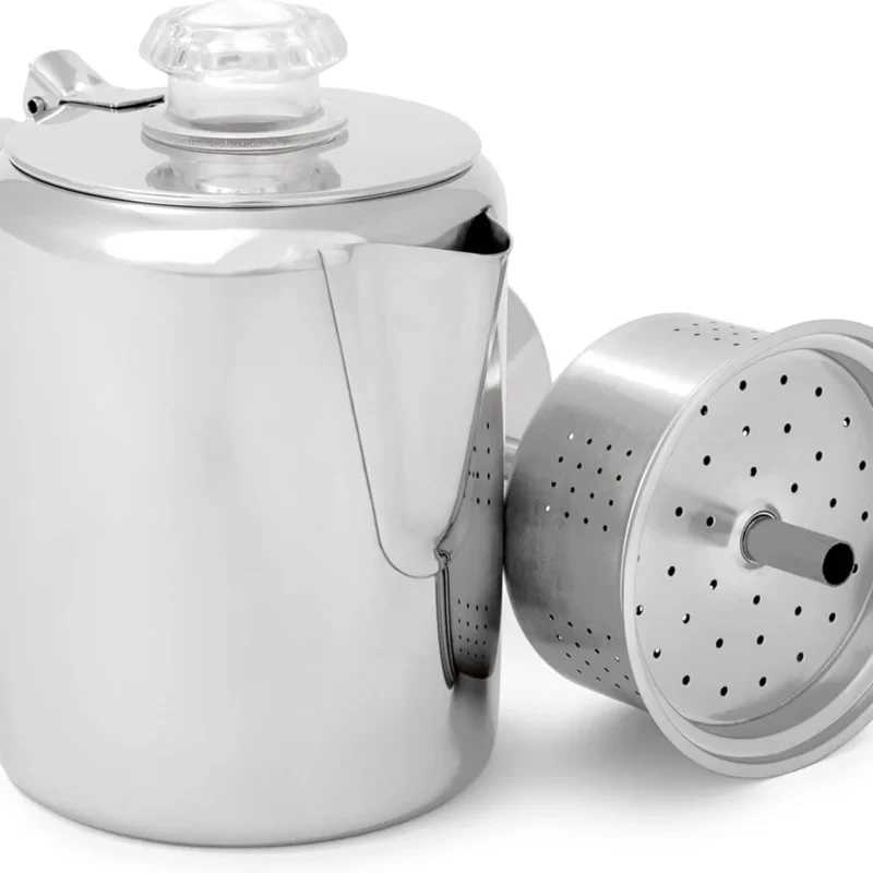 GSI Outdoors Percolator Coffee Pot I Glacier Stainless Steel with Silicone Handle for Camping, Backpacking, Travel, RV & Hunting - Stove Safe