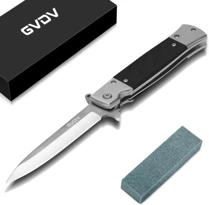 GVDV Folding Pocket Knife with G10 Handle, 7CR17 Stainless Steel EDC Knife with Safety Liner Lock, Hunting Camping Hiking Fishing Knife for Men Women, Silver