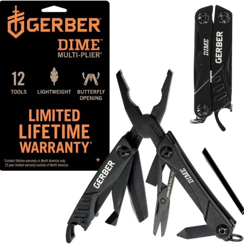Gerber Gear Dime 12-in-1 EDC Mini Multitool - includes Needle Nose Pliers, Small Pocket Knife, Keychain, Bottle Opener - Gifts for Men - EDC Gear - Black