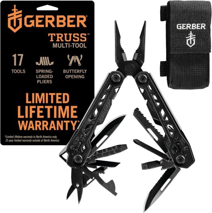 Gerber Gear Truss 17-in-1 EDC Needle Nose Pliers Multi tool - includes Pocket Knife, Screwdriver, and Bottle Opener Accessories - Fishing and Camping Gear - Black with Molle Sheath