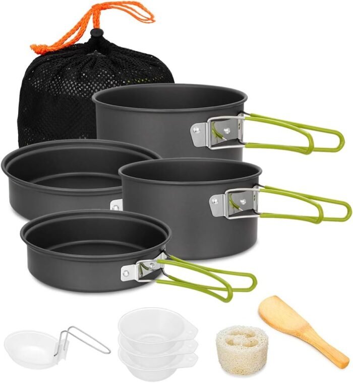 Gutsdoor Camping Cookware Set Camping Gear Campfire Utensils Non-Stick Cooking Equipment Lightweight Stackable Pot Pan Bowls with Storage Bag for Outdoor Hiking