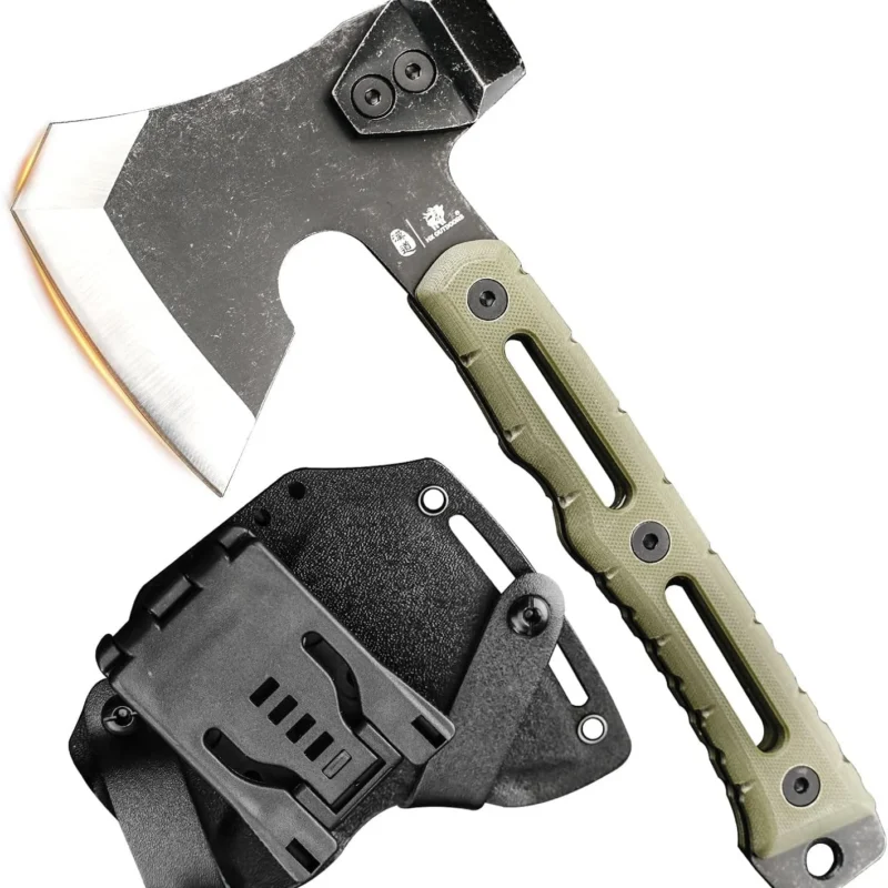 HX Outdoors Multifunctional Splitting Axe, Small Survival Camping Tactical Wood Hatchet, Mini Camp Bushcraft Hand Axes with Hammer and Kydex Sheath (Army Green)