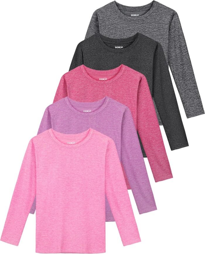 HXP 5 Pack Girls Long Sleeve Shirts Dry Fit Athletic Shirts Youth Teens Girls' Activewear 6-18 Years