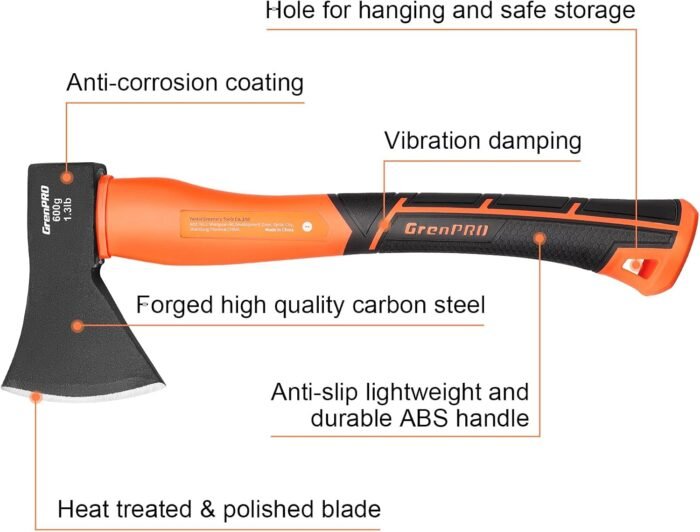 Hatchet Axe with Sheath, 15" Camping Hatchet for Wood Splitting and Kindling, Forged Carbon Steel Heat Treated Chopping Axe Handle with Anti-Slip Grip Orange - Image 2