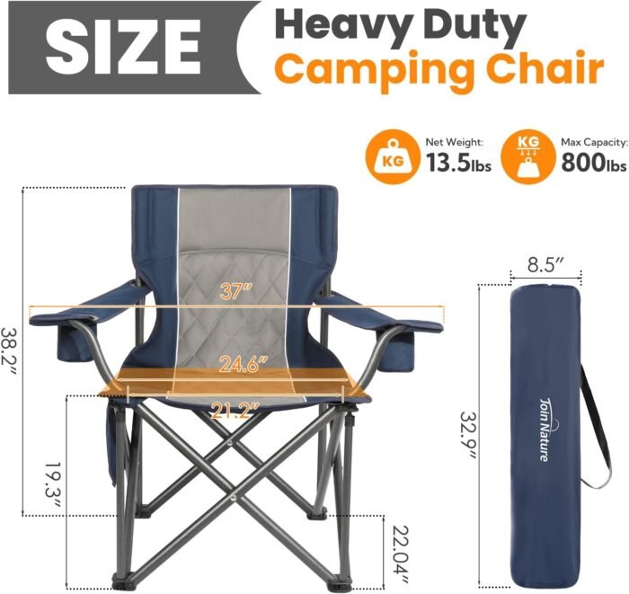 Heavy Duty Camping Chairs for Adults Support 800lbs Folding King Kong Camping Chair for Outside with Full Padded and Pocket, Sports Chairs for Adults Built Durable and Reliable, Blue