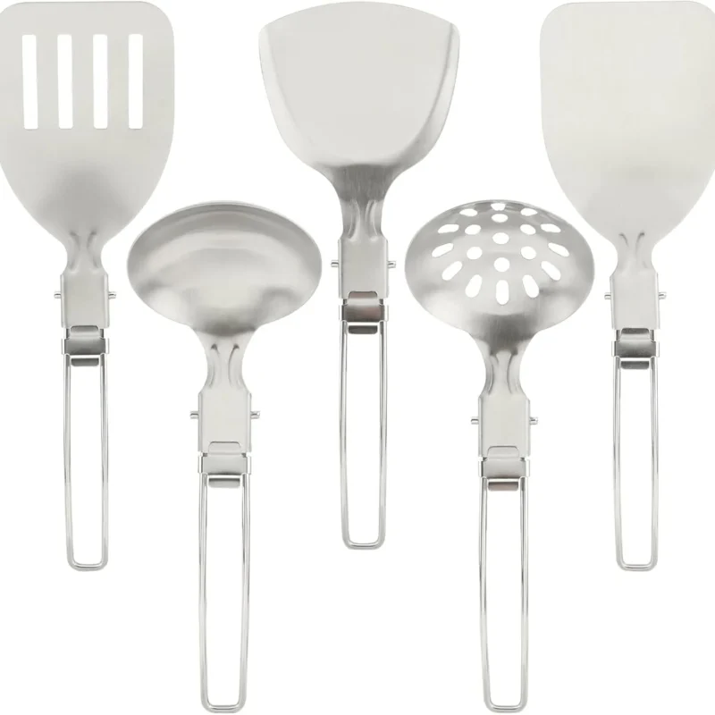 Kakalote Camping Kitchen Utensil Set,5Pcs Stainless Steel Portable Folding Outdoor Cooking Utensil,Camping Utensils Set,Camping Cooking Utensils,for RV Car,Tent Campers,Outdoor Picnics BBQ
