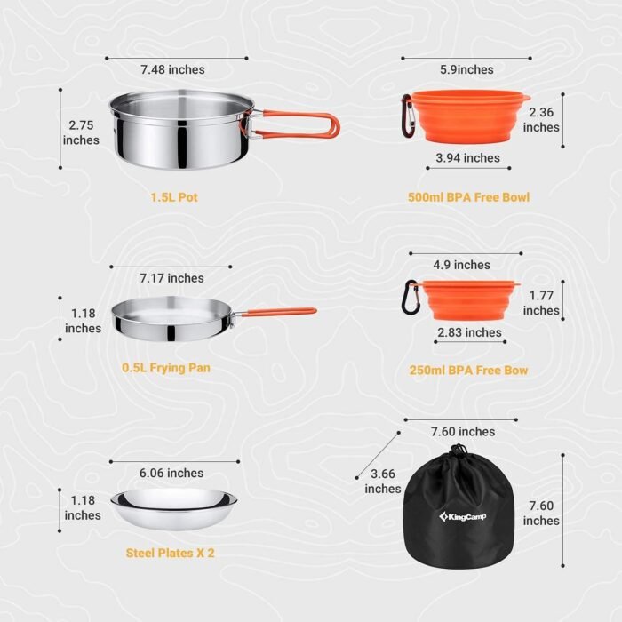 KingCamp 17/25pcs Stainless Steel Camping Cookware Mess Kit Camping Cooking Set Backpacking Gear Lightweight Pots and Pans Set with Folding Knife Fork for Camping Hiking Picnic - Image 2