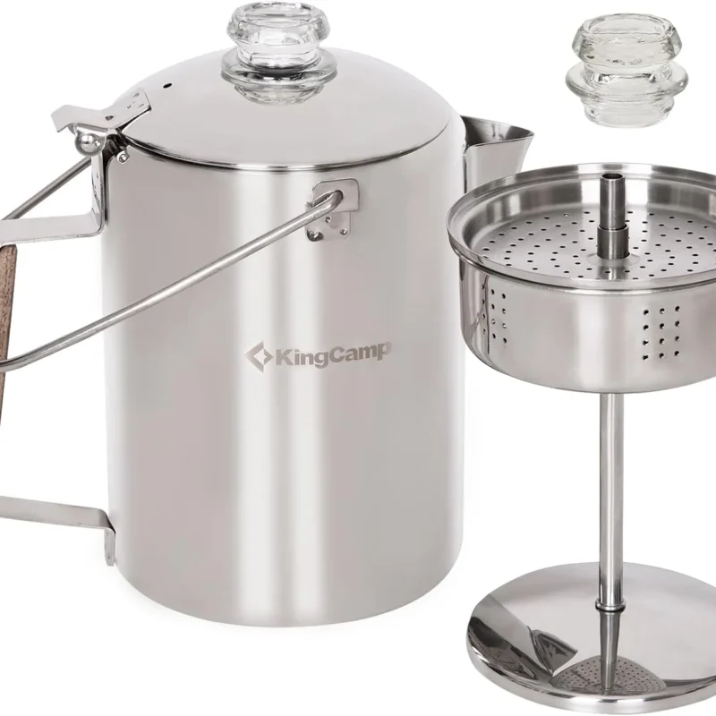KingCamp Percolator Coffee Pot Campfire Coffee Boiler Kettle 304 Stainless Steel with Wood Handle for Outdoor Camping Cookware, Cabin, RV, Kitchen, Hunting & Backpacking, NO Aluminum or Plastic 9 Cup