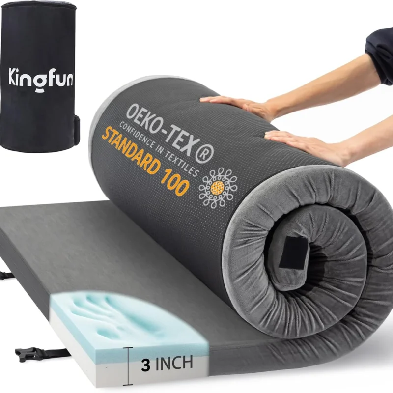 Kingfun 3 Inch CertiPUR-US Memory Foam Camping Mattress, Waterproof Roll up Sleeping Pad for Adults, Comfortable Thick Floor Sleeping Mats for Car Truck Tent with Removable Travel Bag