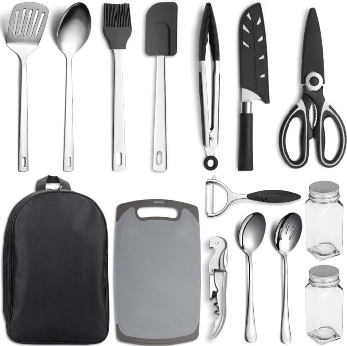 Kyraton Camping Cooking Set 15 Pack, Camping Cookware, Camping Supplies, Portable Camping Kitchen Utensil Set, Ldeal for Backpacking, Barbecuing, Camping and Hiking Trips.