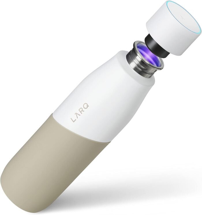 LARQ Bottle Movement PureVis 32 oz - Lightweight Self-Cleaning and Non-Insulated Stainless Steel Water Bottle with UV Water Purifier, 1-Year Warranty, White/Dune