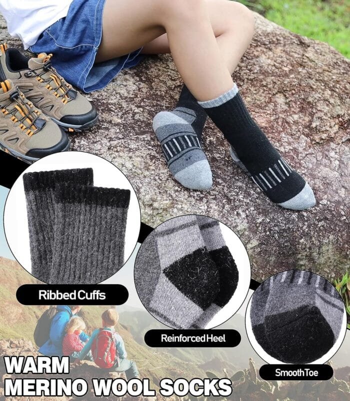 LINEMIN Kids Merino Wool Hiking Socks Toddlers Boys Girls Winter Warm Thick Thermal Boot Cushion Crew Socks 6 Pairs - Image 2