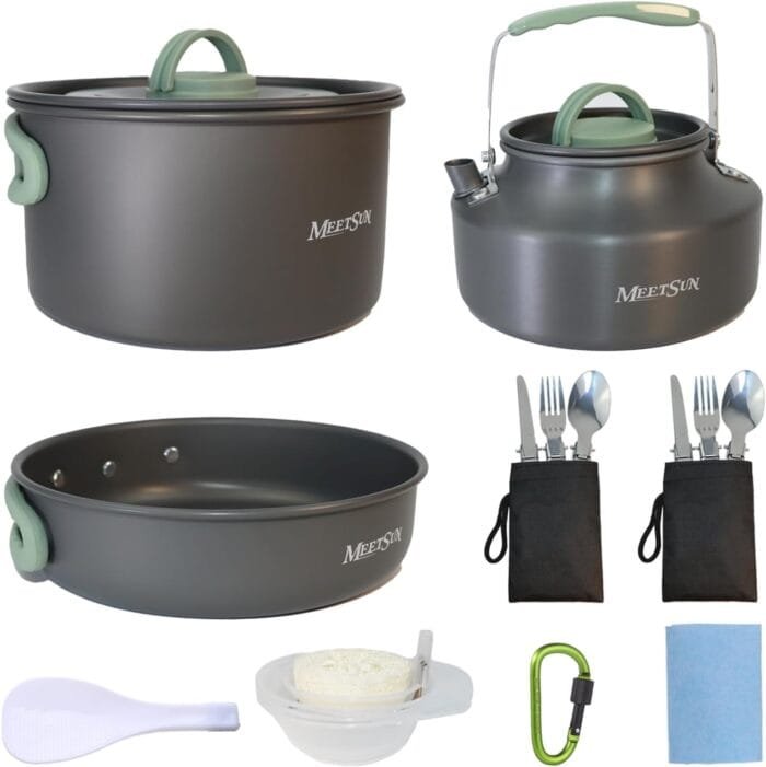 MEETSUN Camping Cookware Set with Silicone Handle, Camping Cooking Set for 2-3 Person,Camp Cooking Set with 1.5L Pot,Camping Pot Pan Set with Kettle and Folding Tableware for Camping Hiking Picnic