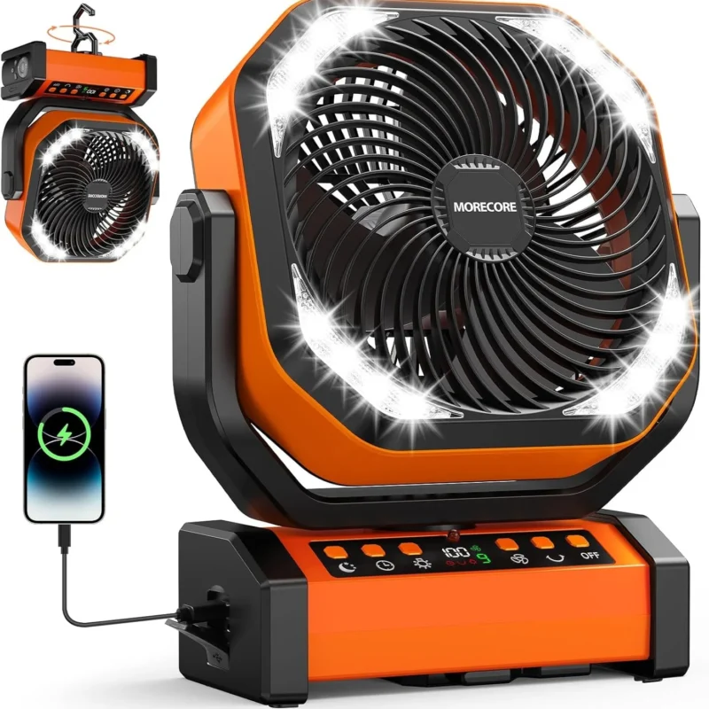 MORECORE 20000mAh Rechargeable Camping Fan with Light, 112HRS Running, 9-Speed, Auto Oscillating, Timer, LED Digital Display, 270°Pivot with Hook for Tent RV Emergency Garage-Orange