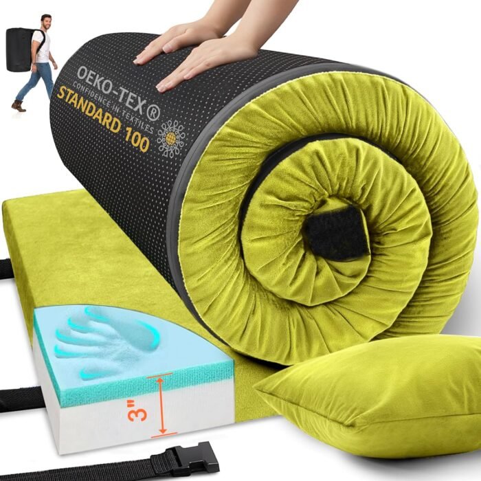 Memory Foam Camping Mattress Sleeping Pad, 3" Thick Waterproof Portable Roll Up Sleeping Mats & Floor Mattress Pad with Pillow + Travel Bag for Camping Car Truck SUV Tent Sleepover Kids Adult