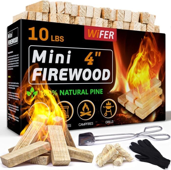 Mini Fire Stick with Fire Starter & Tongs, 4'' Kiln-Dried Pine Great Firewood for Wood Stoves, Tabletop Fire Pit, BBQ Grill, Pizza Oven, Solo Stove Accessories, BBQ Accessories, 10 lb Box