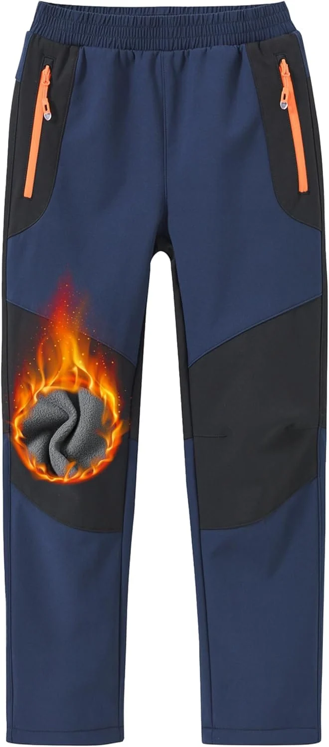 MoFiz Kids Fleece Lined Hiking Snow Ski Pants Boys Waterproof Winter Warm Outdoor Pants with Zippered Pocket