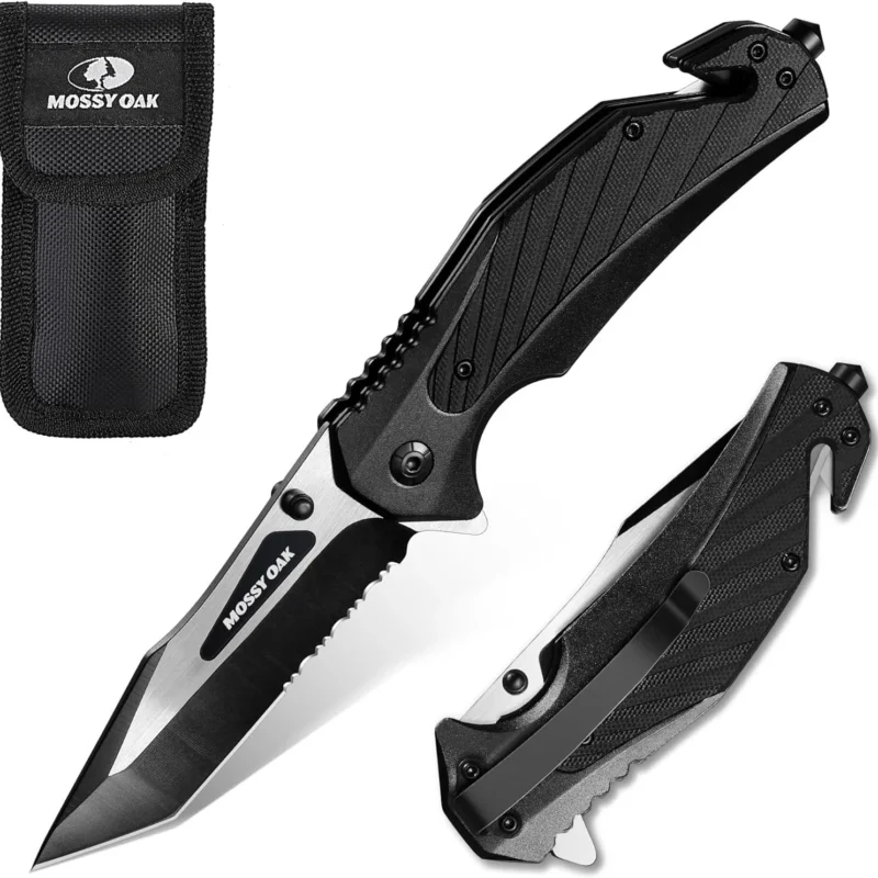 Mossy Oak Folding Pocket Knife with Aluminium Alloy & G10 Handle, 4.75" Tactical Knife with Tungsten Steel Glass Breaker, Seatbelt Cutter, Belt Clip, Survival Knife for Emergency, Outdoor, Camping