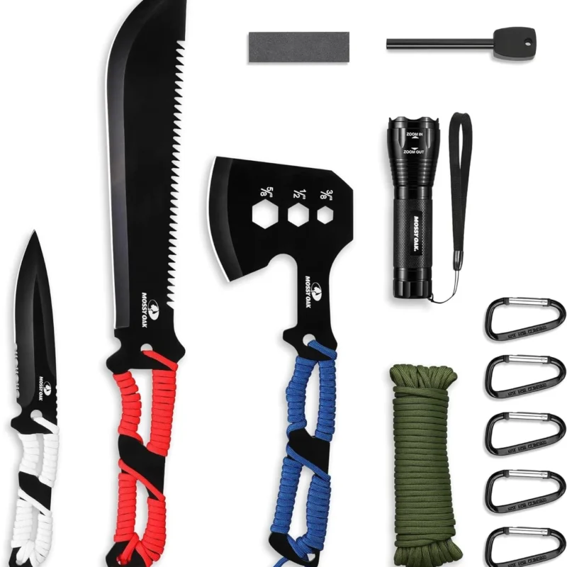 Mossy Oak Hatchet and Machete Knife Set with Sheath, One-Piece Axe & Hunting Knives with Paracord Handle, Zoomable Flashlight, Many Other Tools, Ideal Gift for Men Who Likes Hunting Outdoor Adventure
