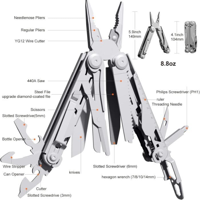 Multitool, 22-in-1 Multi-Tool Pliers with Safety Locking, Pocket Knife, Bottle Opener, EDC Equipment With Pocket Clip for Survival, Camping, Hunting and Hiking, Stainless Steel - Image 2