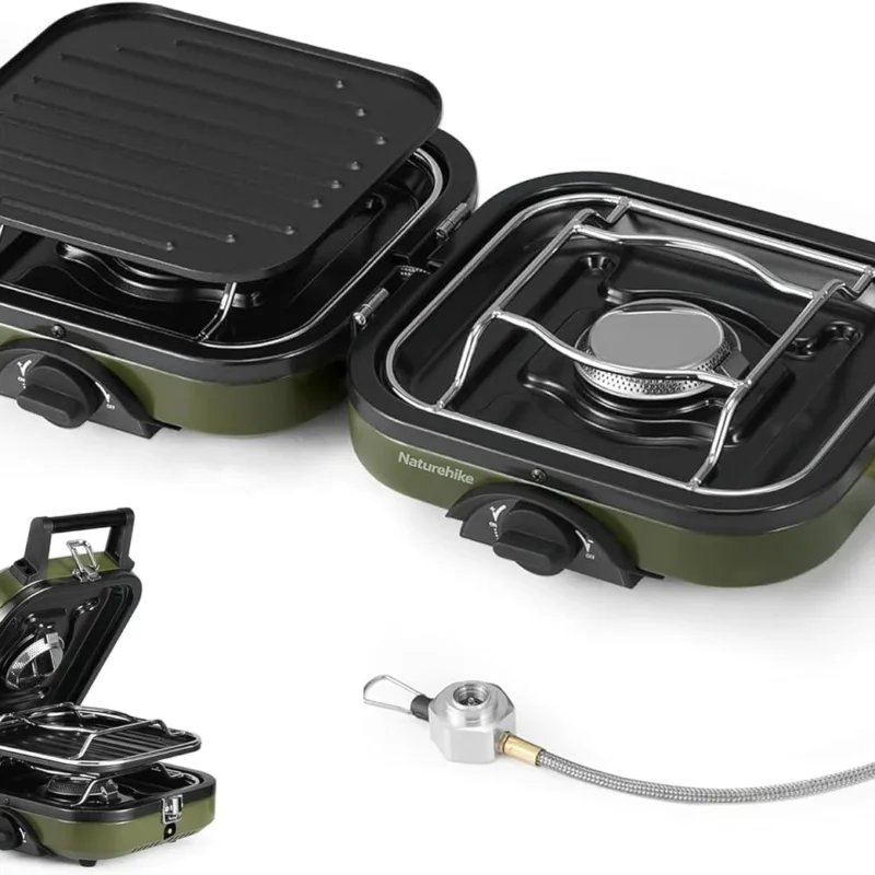 Naturehike 2 Burner Folding Camping Stove with Griddle, Portable Camp Isobutane Gas Stove with 16000 BTU, 2 Independent Adjustable Burners & Piezo Ignition, Compatible with Isobutane Fuel