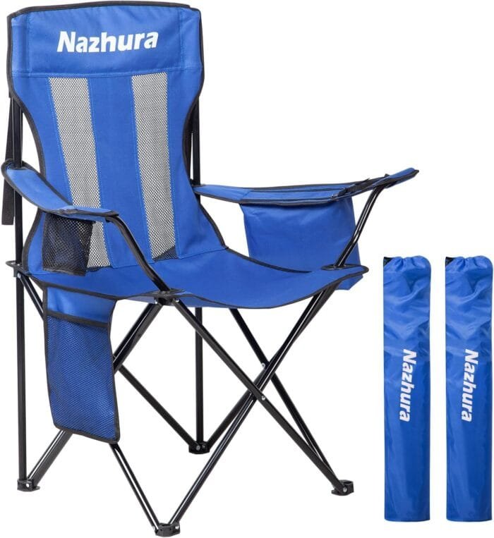 Nazhura 2 Pack Outdoor Camping Chairs Folding/Foldable/Portable with Cooler Pouch, Mesh Backrest and Cup Holder Pocket (Blue, 2 Pack)