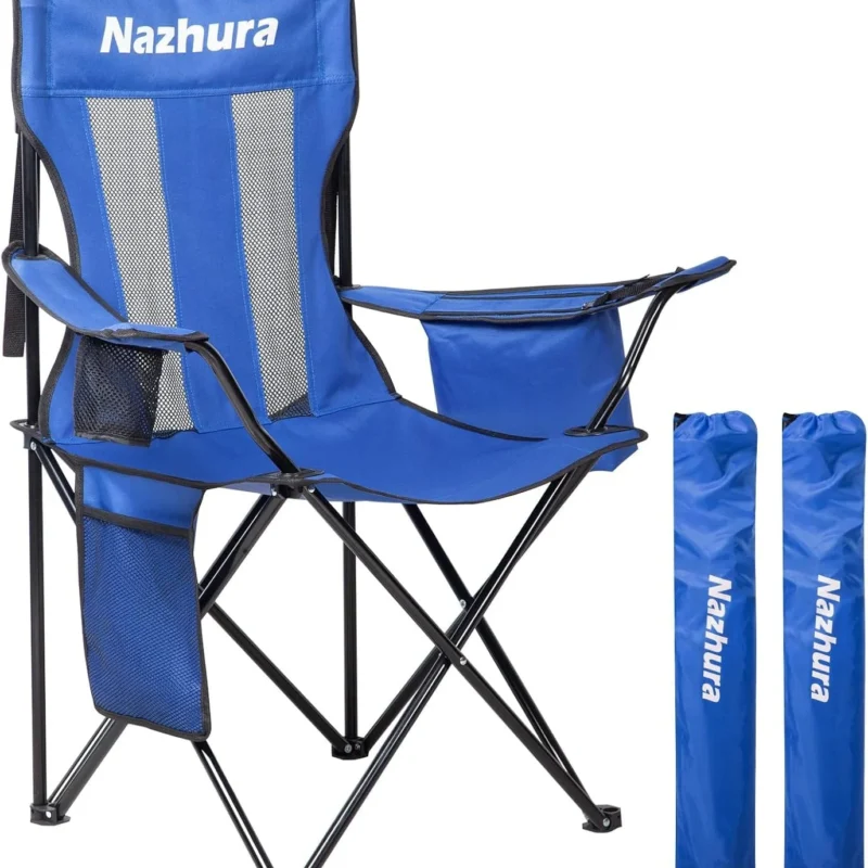 Nazhura 2 Pack Outdoor Camping Chairs Folding/Foldable/Portable with Cooler Pouch, Mesh Backrest and Cup Holder Pocket (Blue, 2 Pack)