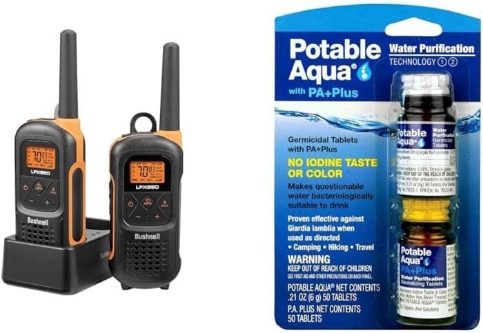 New Bushnell LPX650 Walkie Talkies - Waterproof Long Range Two Way Radios & Potable Aqua Water Purification Tablets with PA Plus, Portable and Effective Solution