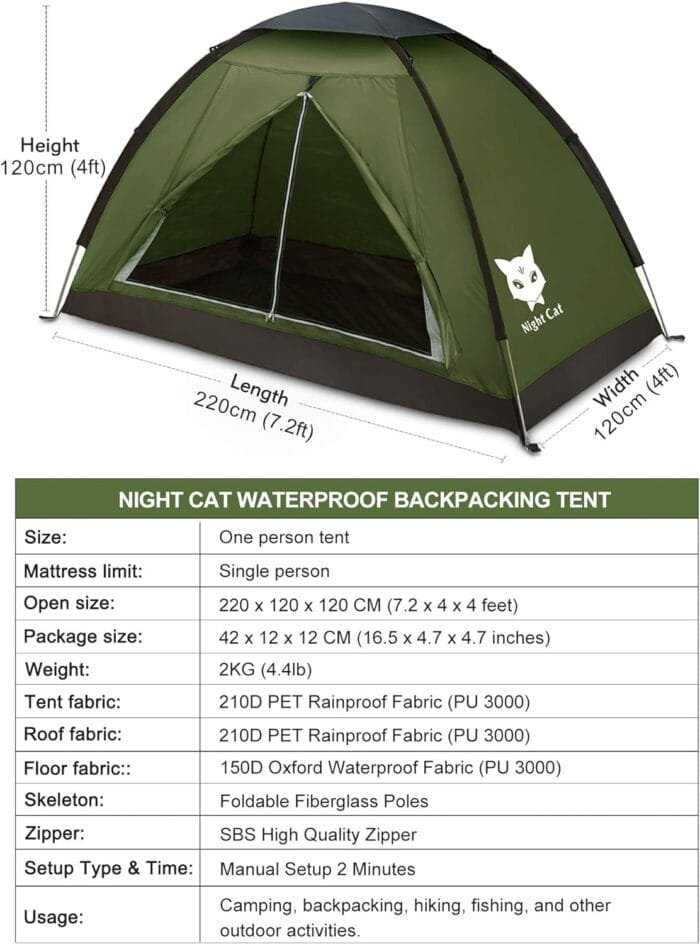 Night Cat Backpacking Tent for One 1 to 2 Persons Lightweight Waterproof Camping Hiking Tent for Adults Kids Scouts Easy Setup Single Layer 2.2x1.2m - Image 2