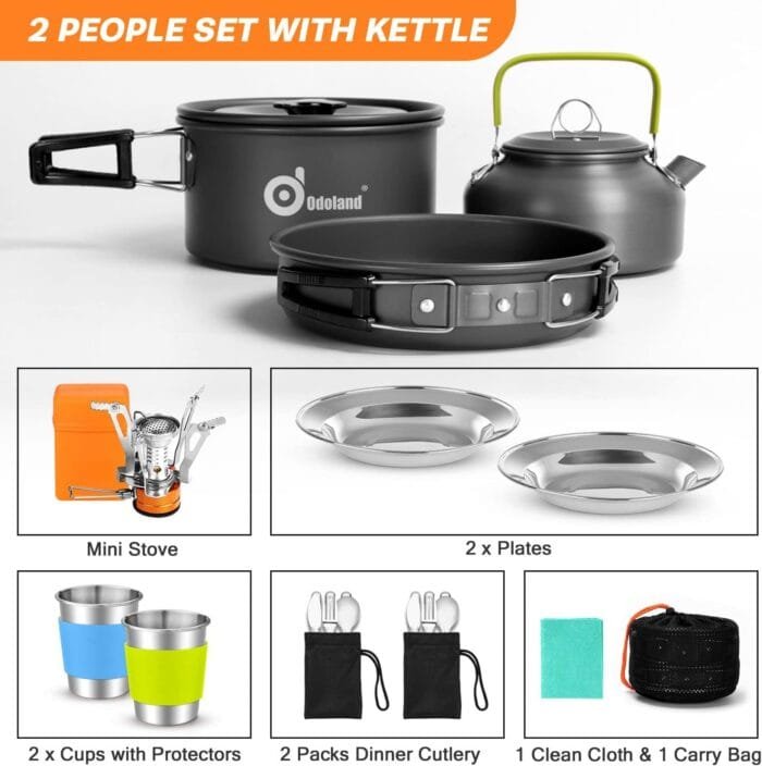 Odoland 16pcs Camping Cookware Set with Folding Camping Stove, Non-Stick Lightweight Pot Pan Kettle Set with Stainless Steel Cups Plates Forks Knives Spoons for Camping Backpacking Outdoor Picnic - Image 2