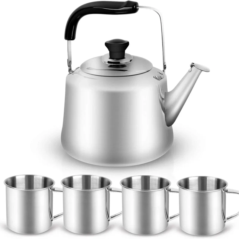 Odoland 4L Camping Kettle Set with 4 Cups, Durable Stainless Steel Camp Tea Coffee Water Pot with 4 Mugs for Hiking, Backpacking, Outdoor Camping and Picnic, Carrying Bag Included