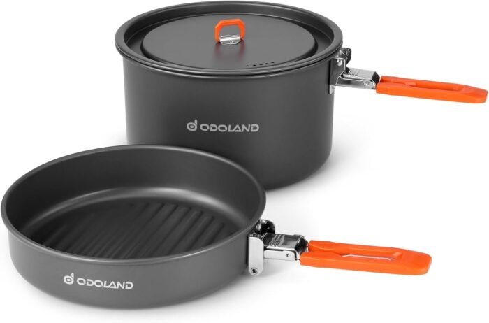 Odoland Camping Cookware Mess Kit, Non-Stick Lightweight Camping Pot and Fry Pan Set with Mesh Bag for Camping, Backpacking, Outdoor Cooking and Picnic