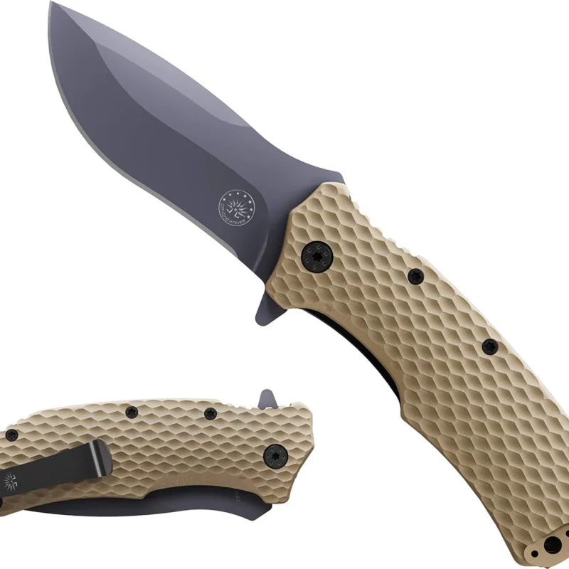 Off-Grid Knives - Rapid Fire Coyote, Large Assisted EDC, Hard Use Construction, Camping and Survival, Cryogenic D2 Blade Steel, Titanium Nitride Coating with G10 Scales, Deep Pocket Carry