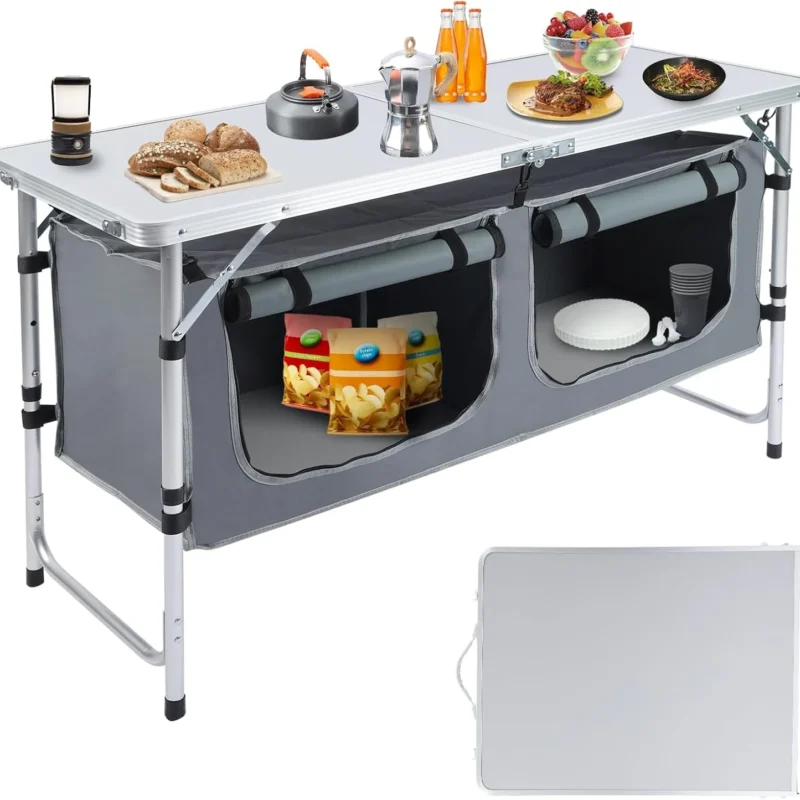 Outdoor Folding Table, Camping Table with Storage Organizer, Portable Aluminum Composite Panel Lightweight Table, 3 Adjustable Height, for Indoor, BBQ, Party, Picnic, Camping, Hiking, Beach