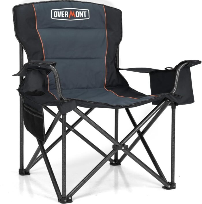 Overmont Oversized Folding Camping Chair - 450lbs Support with Padded Cushion Cooler Pockets - Heavy Duty Collapsible Chairs for Sports Garden Beach Fishing Black