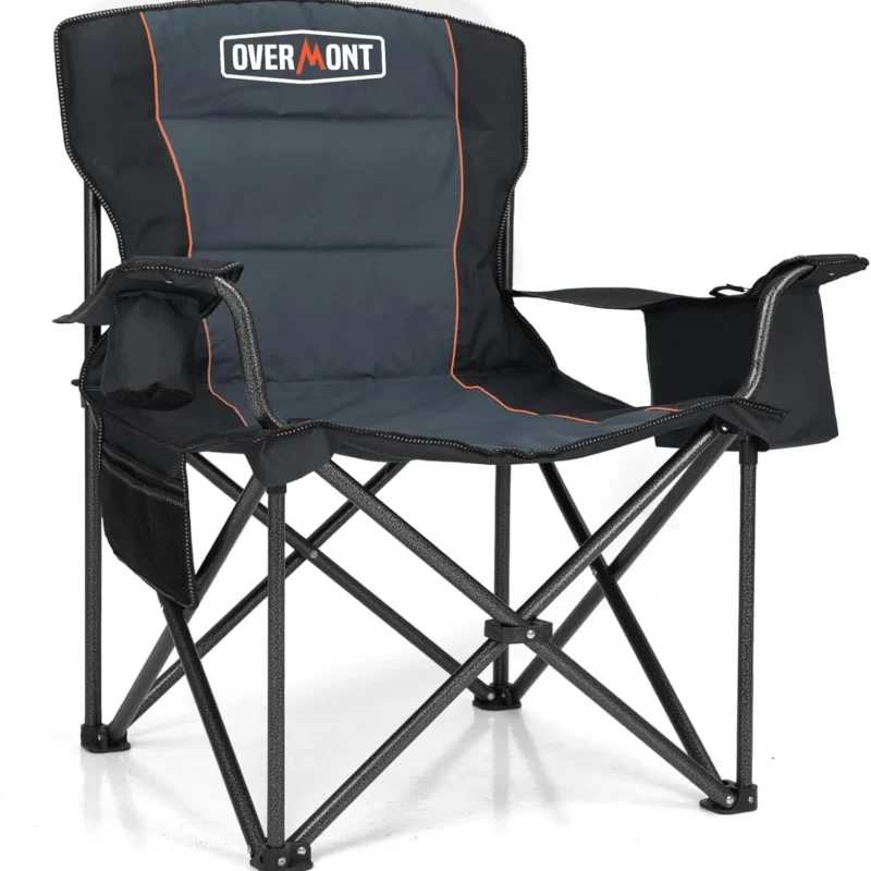 Overmont Oversized Folding Camping Chair - 450lbs Support with Padded Cushion Cooler Pockets - Heavy Duty Collapsible Chairs for Sports Garden Beach Fishing Black