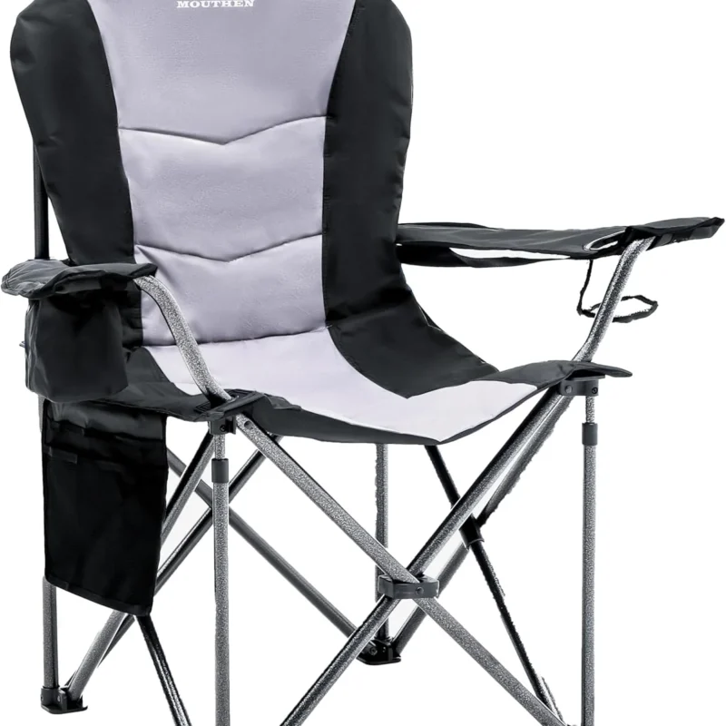 Oversized Camping Chair,Fully Padded Camp Chair Outdoor Heavy Duty Folding Lawn Chair with Cooler Bag,Head and Side Pocket -Support 400 lbs (1, Black&Grey, Extra Large)