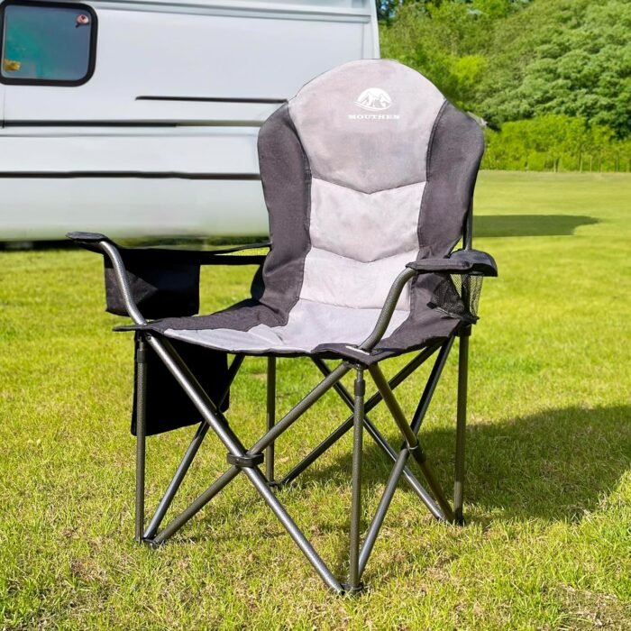 Oversized Camping Chair,Fully Padded Camp Chair Outdoor Heavy Duty Folding Lawn Chair with Cooler Bag,Head and Side Pocket -Support 400 lbs (1, Black&Grey, Extra Large) - Image 2