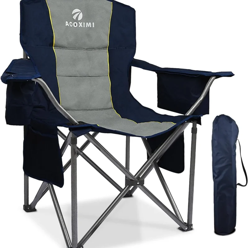 Oversized Folding Camping Chairs, Outdoor Chair Heavy Duty Support 450 LBS with Padded Cushion Seat and Back, with Cup Holder and Cooler Bag, Portable Lawn Chair for Beach Picnic Sports