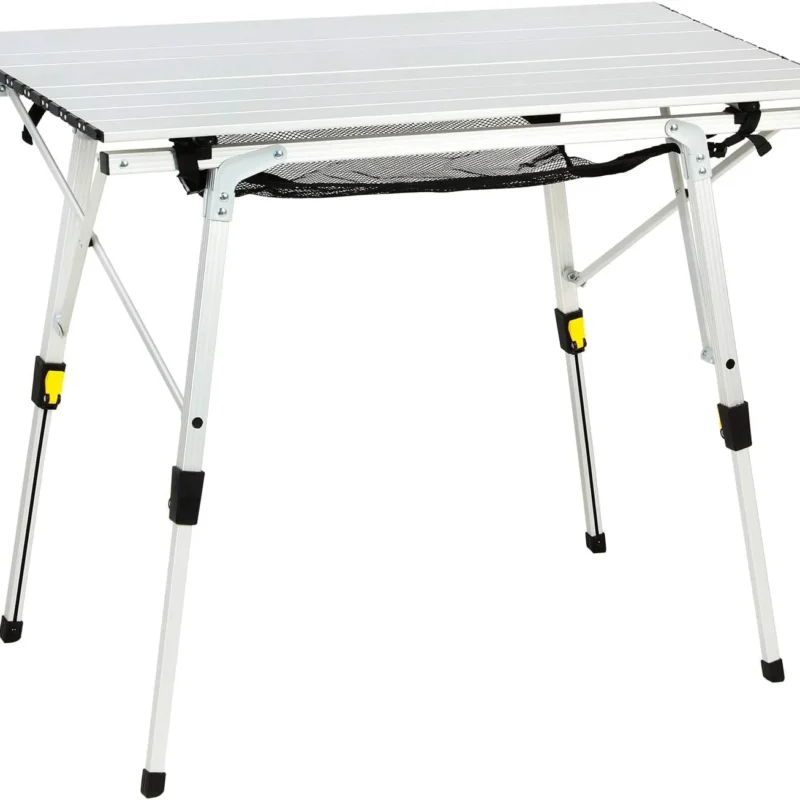 PORTAL Outdoor Folding Portable Picnic Camping Table with Adjustable Height Aluminum Roll Up Table Top Mesh Layer, Silver