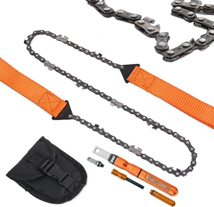 Pocket Chainsaw 40" Survival Camping Saw Heavy Duty Steel - Folding Chain Hand Saw with Fire Starter for Camping Hunting On Foot Cutting Wood Outdoor Survival Gear