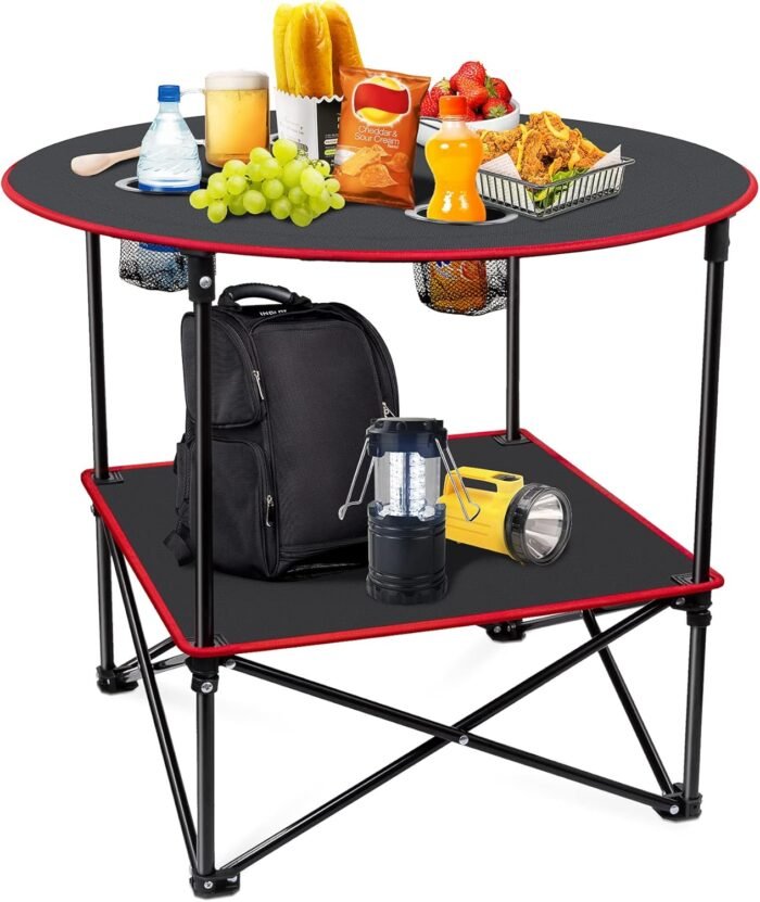 Portable Camping Table Folding Picnic Tables Lightweight Folding Table Waterproof Canvas Beach Table for Outside with 4 Cup Holders & Carry Bags for Camping, Beach, Campfires and Tailgating