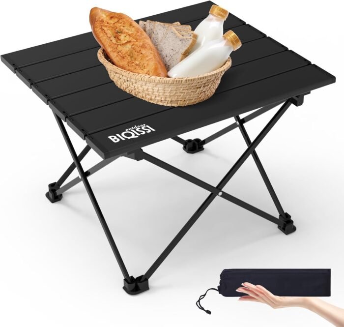 Portable Small Camping Table, Compact Camping Side Table with Carrying Bag, Ultralight Aluminum Beach Table Folding for Hiking, Camping, Picnicking, BBQ, Outdoor Cooking (Black Small 16")